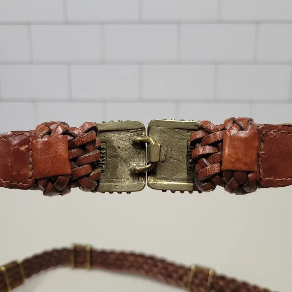 DKNY Brown Braided Leather Belt Gold Tone Buckle Women's Boho Casual Y2K